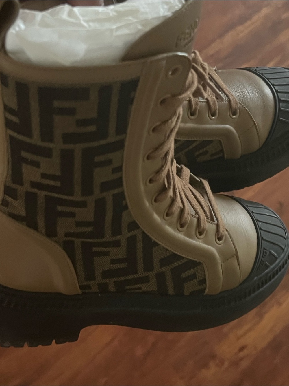 Fendi Brown and Black FF Logo Combat Boots